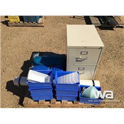 2 DRAWER FILE, TARPS, BLUE BINS, POLY