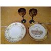 Image 1 : floral plate meito china, calgary tower plate and two brass glasses
