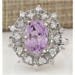 5.01 CTW Natural Kunzite And Diamond Ring In 18K White Gold