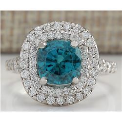 5.94 CTW Natural Blue Zircon And Diamond Ring 18K Solid White Gold