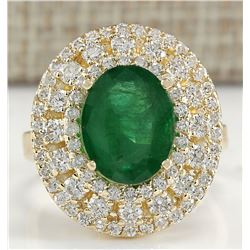 4.66 CTW Natural Emerald And Diamond Ring 18K Solid Yellow Gold