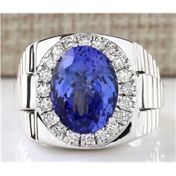 9.44 CTW Natural Mens Tanzanite And Diamond Ring 18K Solid White Gold