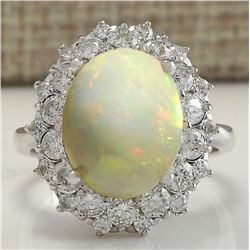 5.93 CTW Natural Opal And Diamond Ring In 18K Solid White Gold