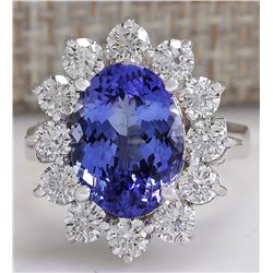 5.98 CTW Natural Blue Tanzanite And Diamond Ring 18K Solid White Gold