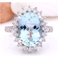 6.10 CTW Natural Aquamarine 18K Solid White Gold Diamond Ring