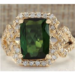 3.84CTW Natural Green Tourmaline And Diamond Ring In14K Solid Yellow Gold