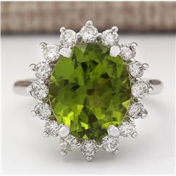 7.60 CTW Natural Peridot And Diamond Ring In 18K White Gold