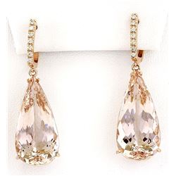 30.20 CTW Natural Morganite 18K Solid Rose Gold Diamond Earrings
