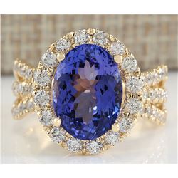 7.18 CTW Natural Tanzanite And Diamond Ring 18K Solid Yellow Gold