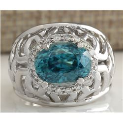 7.45 CTW Natural Blue Zircon And Diamond Ring 18K Solid White Gold