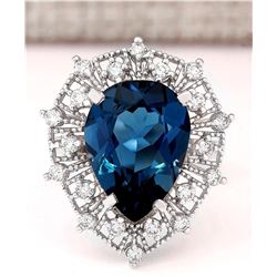 8.84 CTW Natural London Blue Topaz And Diamond Ring In18K Solid White Gold