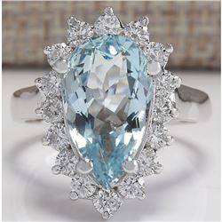 4.63 CTW Natural Aquamarine And Diamond Ring In 18K Solid White Gold