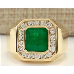 MENS 4.26 CTW Natural Emerald And Diamond Ring In 14k Yellow Gold