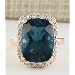 14.46 CTW Natural London Blue Topaz And Diamond Ring In 18K Rose Gold