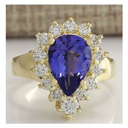 3.33 CTW Natural Blue Tanzanite And Diamond Ring 14K Solid Yellow Gold