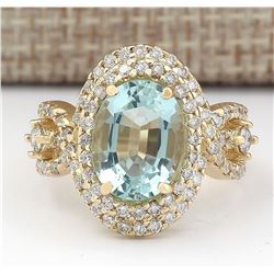 5.00 CTW Natural Blue Aquamarine And Diamond Ring In 18K Yellow Gold