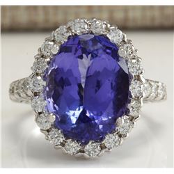 9.39 CTW Natural Tanzanite And Diamond Ring 18K Solid White Gold