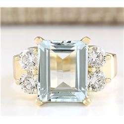 5.74 CTW Natural Blue Aquamarine And Diamond Ring In 18K Yellow Gold