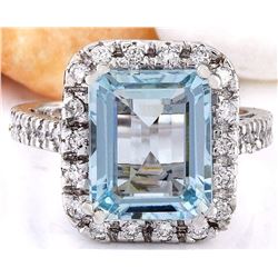 6.05 CTW Natural Aquamarine 18K Solid White Gold Diamond Ring