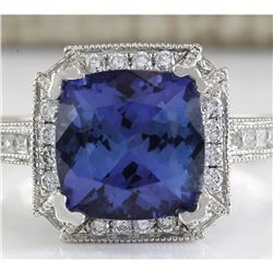 3.79 CTW Natural Blue Tanzanite And Diamond Ring In 18K White Gold