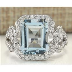 4.26 CTW Natural Aquamarine And Diamond Ring In 18K White Gold