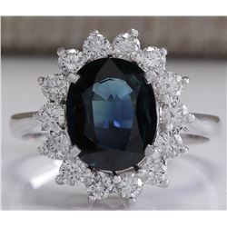 3.56 CTW Natural Blue Sapphire Diamond Ring 18K Solid White Gold