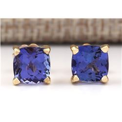 2.90 CTW Natural Blue Tanzanite Earrings 18K Solid Yellow Gold