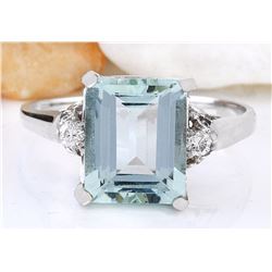 4.34 CTW Natural Aquamarine 18K Solid White Gold Diamond Ring
