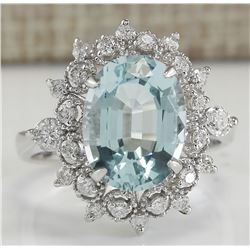 4.48 CTW Natural Aquamarine And Diamond Ring In 18K Solid White Gold