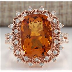 6.39 CTW Natural Madeira Citrine And Diamond Ring 18K Solid Rose Gold