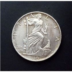 ITALY 1936R 10 Lire, KM# 80, Silver 10.1 gms. Edge: *fert* Uncirculated