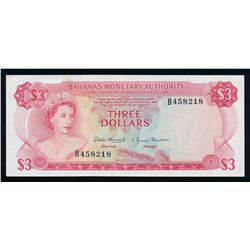 BAHAMAS 1974 P-28a $3.00 S/N B458218. Gem Unc