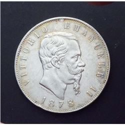 ITALY 1878 5 Lire, KM# 8.4, Silver 25.1 gms. Almost Uncirculated