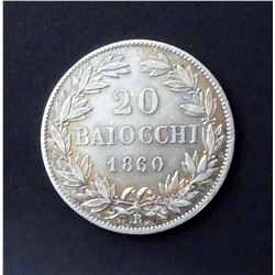 ITALIAN STATES 1860XVR PAPAL STATES KM# 1360 20 Baiochhi Silver 5.7 gms.UNIQUE