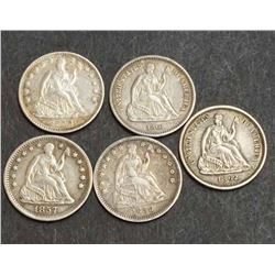 USA - Lot of Five Better Liberty Seated Half Dimes 1857 - 1862 See Description