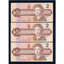 BANK OF CANADA 1986 $2.00 (3x), BC-55a, Crow-Bouey, Lot of Three & Graded: Gem Unc.