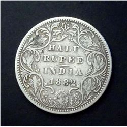 INDIA 1882 BRITISH KM# 491 Half Rupee Silver Coin Prid. 291. Very Good