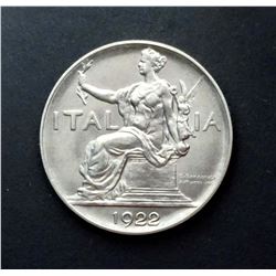 ITALY 1922R One Lira Nickel, KM# 62. UNCIRCULATED