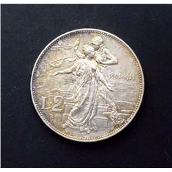 ITALY 1911R Two Lire, KM# 52, Silver 10.1 gms. UNCIRCULATED