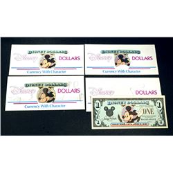 DISNEY DOLLARS 1989-1990 A 4 Pieces Lot of Mickey Mouse One Dollars VG-UNC