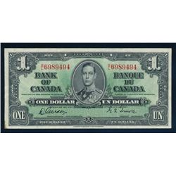 BANK OF CANADA 1937 $1.00, BC-21c, Gordon-Towers. Graded: VF+