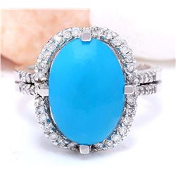 5.52 CTW Natural Turquoise 14K Solid White Gold Diamond Ring