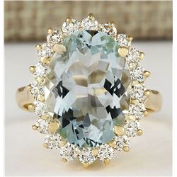 6.15 CTW Natural Blue Aquamarine And Diamond Ring In 18K Yellow Gold