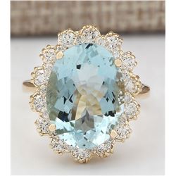 8.17 CTW Natural Blue Aquamarine And Diamond Ring In 18K Yellow Gold
