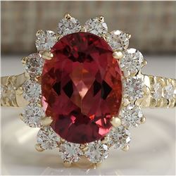 4.07 CTW Natural Pink Tourmaline And Diamond Ring 14K Solid Yellow Gold