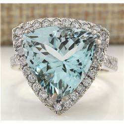 8.96 CTW Natural Aquamarine And Diamond Ring In 18K White Gold