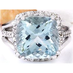 7.35 CTW Natural Aquamarine 18K Solid White Gold Diamond Ring