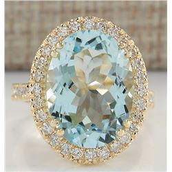 9.33 CTW Natural Blue Aquamarine And Diamond Ring In 14K Yellow Gold