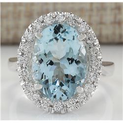 6.60 CTW Natural Blue Aquamarine And Diamond Ring 18K Solid White Gold
