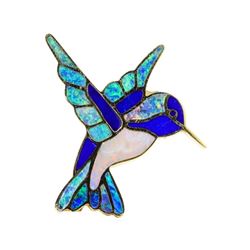 Opal and Lapis Lazuli Hummingbird Pin/Pendant - 18KT Yellow Gold